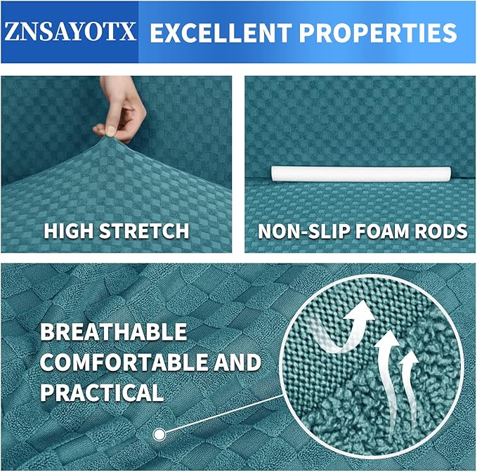ZNSAYOTX 1 Piece Jacquard Couch Covers for 3 Cushion Couch Living Room High Stretch Sofa Cover Pets Dogs Friendly Anti Slip Thickened Slipcovers Furniture Protector (Sofa, Peacock Blue)