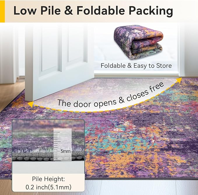 Washable Area Rugs 6ft Non-Slip Modern Abstract Soft for Living Room Entryway Bedroom Nursery, Print Pattern, Purple Orange Blue Green Rust Red Colorful