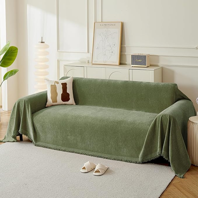 Couch Cover for Dogs, Boho Sofa Covers for 3 Cushion Couch, Chenille Sofa Slipcover for Pets Washable, L-Shape Sectional Couch Loveseat Cover Soft Throw Blankets with Tassels(71x134,Green)