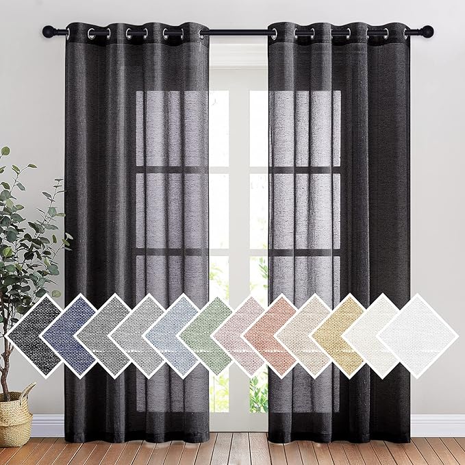 NICETOWN Black Sheer Curtains 84 inches Long, Grommet Semi Sheer Linen Drapes Privacy with Light Through for Bedroom/Living Room, W52 x L84, 2 Panels