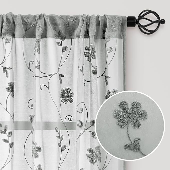 HOMEIDEAS Grey Sheer Curtains 84 Inches Long 2 Panels Embroidered Floral Pattern Semi Sheer Window Curtains for Bedroom Living Room