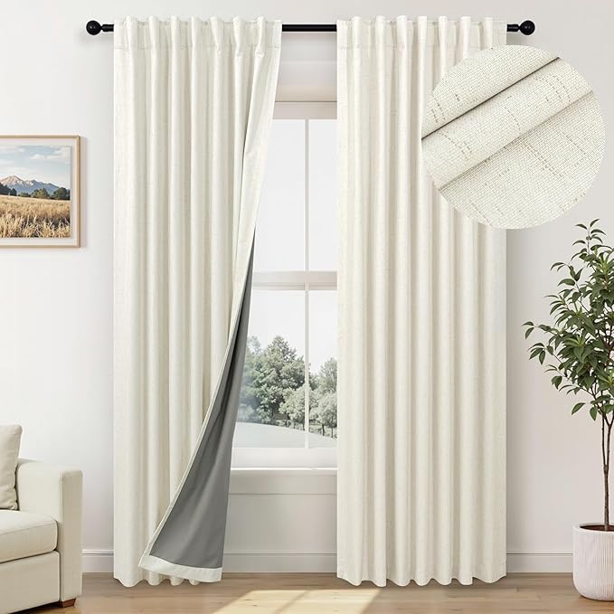 Neutral 80 Inch Nursery Blackout Curtains for Bedroom 80 Inches Long 2 Panel Thermal Curtain for Summer Heat Blocking Linen Textured Custom Made Drapes Pleated Back Tab Rustic Ceiling to Floor Length