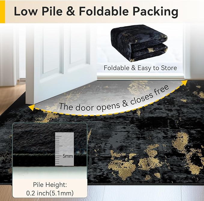 Washable Area Rugs 5'x7' Non-Slip Modern Abstract Soft for Living Room Entryway Bedroom Nursery, Print Pattern, Dark Black Gold