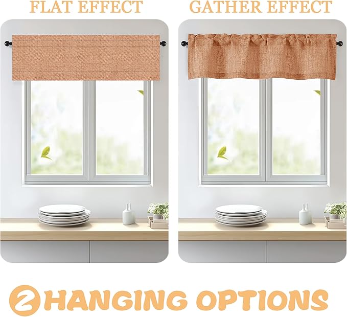 OWENIE Orange Valances for Windows 1 Pcs, Light Filtering Textured Farmhouse Short Small Valance Curtains for Bathroom Basement Living Room Bedroom, Rod Pocket Half Curtains Over Sink, 52Wx14L Inch