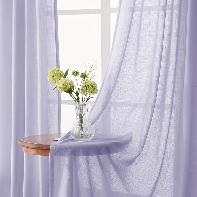 Lavender Semi Sheer Linen Curtains 96 Inches Long 2 Panels Set for Living Room Back Tab Light Filtering Long Drapes Modern Farmhouse Light Violet Purple Bedroom Decor 52ﾗ96