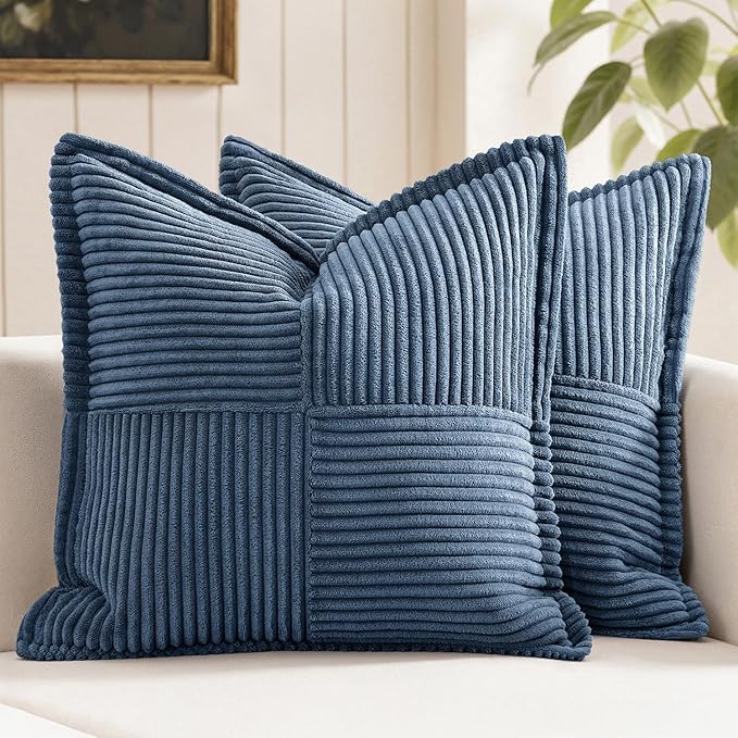 MIULEE Decorative Throw Pillow Covers for Couch Bed Livingroom 12x12 Inch Set of 2 Blue Boho Accent Throw Pllows Broadside Striped Patchwork Soft Corduroy Pillowcases