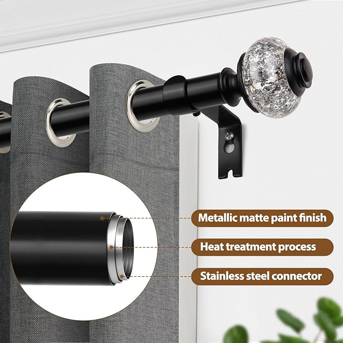 Black Curtain Rods 32 to 58 Inches (2.6-4.8ft), USFOOK 7/8 Inch Telescoping Splicing Drapery Rods for Windows 20 to 54 Inch, Decorative Translucent Finials