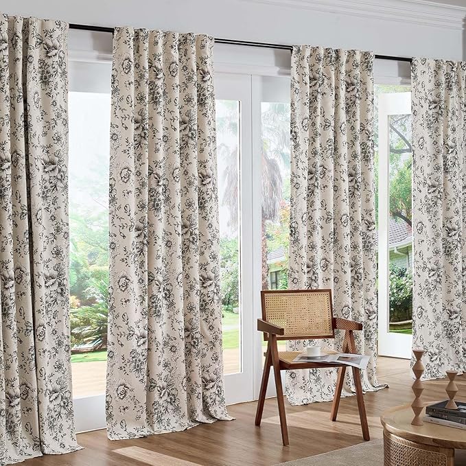 jinchan Blackout Floral Curtains for Living Room Bedroom Linen Blend Curtain Farmhouse Black Printed with Lined Back Tab Rod Pocket Drapes Window Treatments 2 Panels 63 Inch