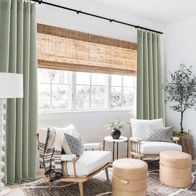 RYB HOME Linen Sheer Curtains and Drapes for Living Room 108 inches Length, Breathable Back Tab/Rod Pocket Semi Sheer Curtains, Sage Green, W 52 x L 108 inches, 2 Panels Set