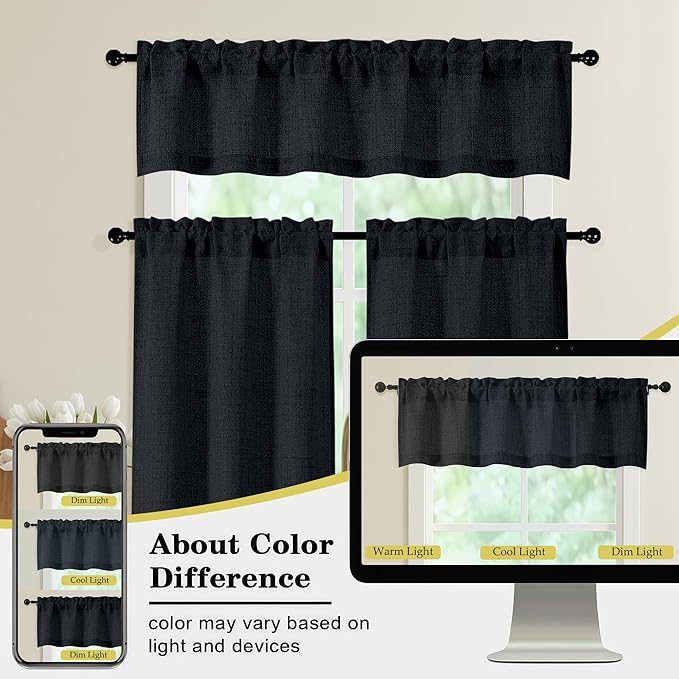 Valances for Windows, Light Filtering Faux Linen Textured Small Short Valance Curtains for Bathroom Basement Farmhouse, Rod Pocket Top Half Curtains for Windows, Black 52Wx12L Inch