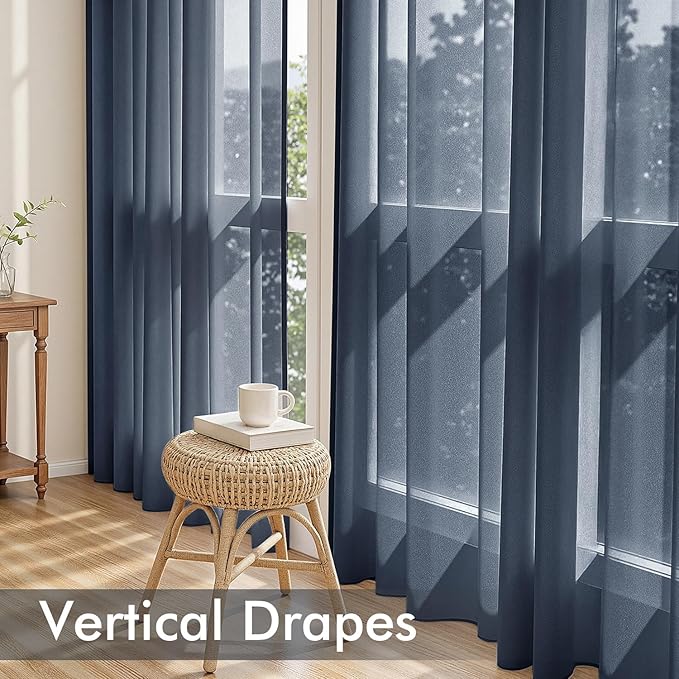 MIULEE Navy Blue Sheer Curtains 90 Inches Long, 4 Panels Set, Light Filtering Rod Pocket Voile Drapes Window Treatments, Semi Transparent Airy Fabric for Bedroom and Living Room, 42 x 90 Inches