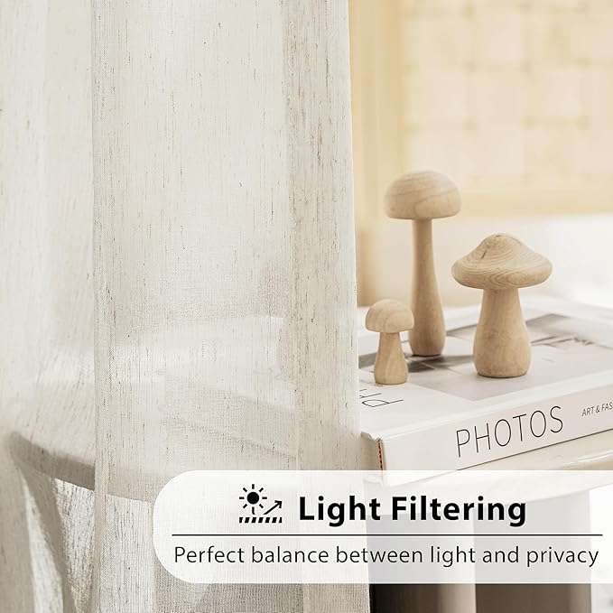 FMFUNCTEX Linen Sheer Curtains for Bedroom, Beige Curtains 72 inches Long for Living Room, Natural Flax Blend Window Draperies for Farmhouse Curtain, Rod Pocket 2 Panels