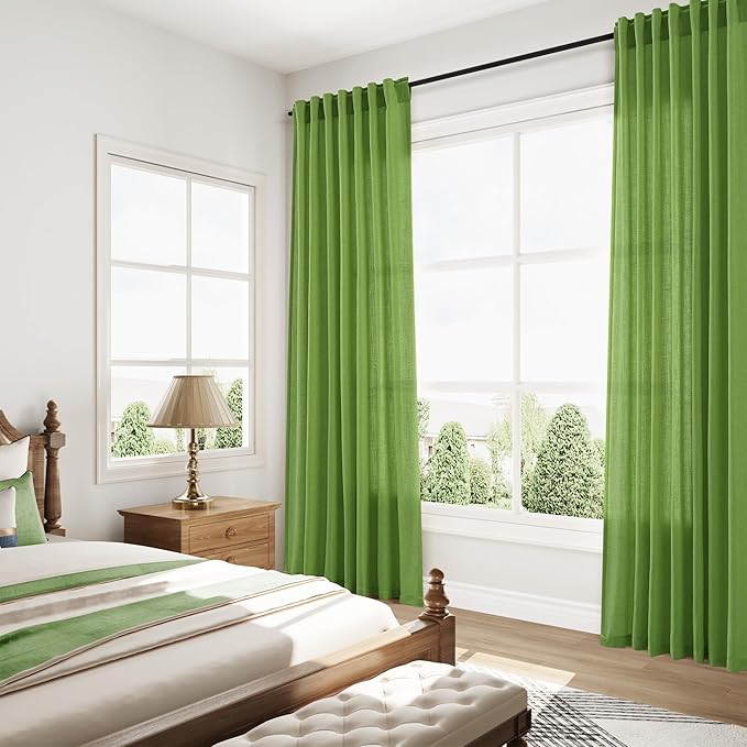 Lime Green Curtains 63 Inches Long 2 Panel Sets for Living Room Bedroom, Light Filtering Linen Drapes for Kitchen Windows Rod Pocket or Back Tab Curtain,Semi Sheer 52x63