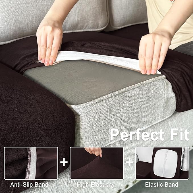 Leather Look Couch Cushion Covers Sofa Seat Slipcovers Sets Couches Furniture Protector for Sectional Armchair Loveseat Pets Kids Stretch Spandex Fabric (3 Cushion Sofa, Chocolate)