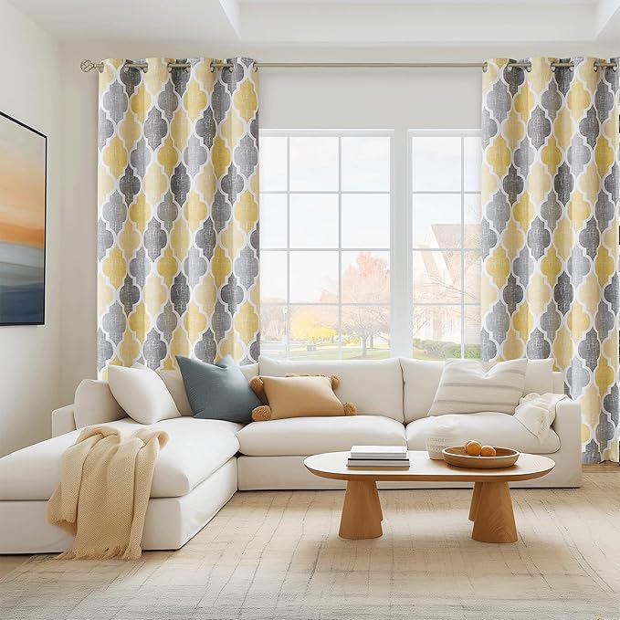Beauoop 100% Blackout Curtains 108 Inches Long 2 Panels for Bedroom Living Room Yellow Grey Moroccan Geo Room Darkening Thermal Insulated Soundproof Grommet Top Window Treatments Drapes, 50x108x2