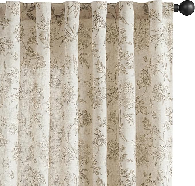 jinchan Linen Floral Curtains for Living Room with Printed Flower 96 Inches Long Light Filtering French Country Back Tab Rod Pocket Taupe Window Curtain Set Farmhouse Drapes 2 Panels Taupe