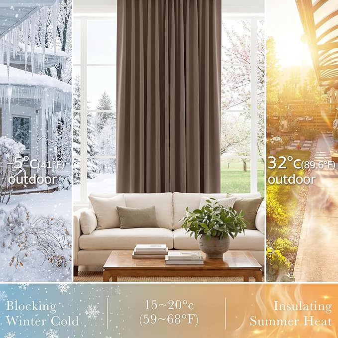 PONY DANCE Blackout Curtains Drapes - Home Decoration Light Blocking Thermal Insulated Window Back Tab/Rod Pocket Curtain Panels Privacy Protect for Bedroom, W 42 in by L 54 in, Mocha, Set of 2