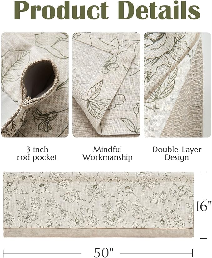 jinchan Linen Floral Valance Curtain for Kitchen Green Flower on Beige for Windows Room Darkening Farmhouse Valance Double Layer Window Treatment Decoration 1 Panel Rod Pocket 16 Inch