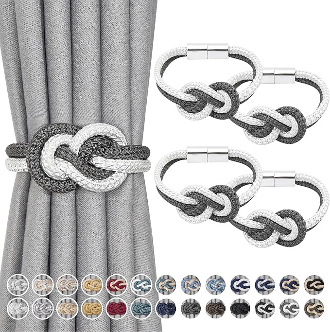 NICEEC 4 Pack Mini Magnetic Curtain Tiebacks Nordic Simple Style Drape Tie Backs Elegant Hand Weave Rope Knot Decorative Curtain Holdbacks for Home & Office Thin Window Drapery (Dark Grey & White)