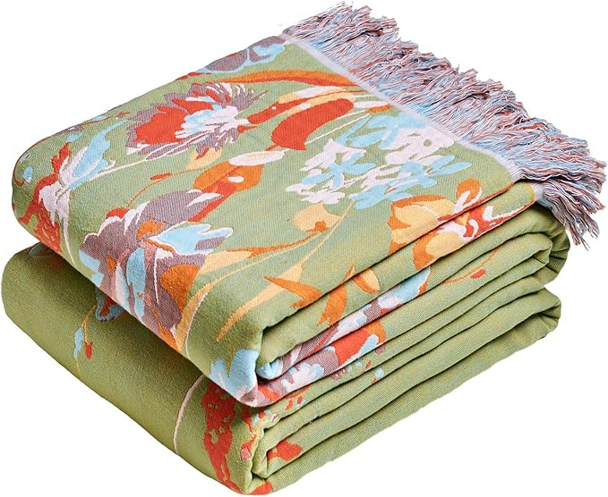 MSGKV Boho Throw Blanket 90"x108" Floral 100% Cotton Blanket with Flower and Butterfly for Bed Spring Breathable Lightweight Farmhouse King Blankets Home Decor Muslin