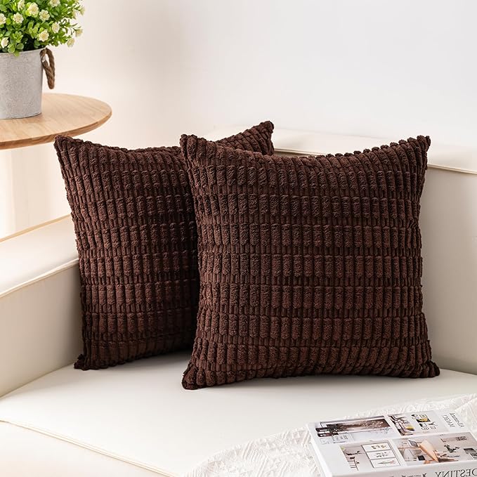 Pack of 2 Corduroy Decorative Throw Pillow Covers 16x16 Inch Soft Striped Pillow Covers Modern Farmhouse Home Decor for Sofa Living Room Couch Bed（Dark Brown）