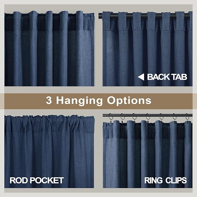 Navy Curtains 38 Inch Wide for Living Room 2 Panels Set Back Tab Rod Pocket Light Filtering Semi Sheer Linen Skinny Small Dark Blue Curtain for Windows Bedroom Closet Doors Nautical Width 38 x 96 Long