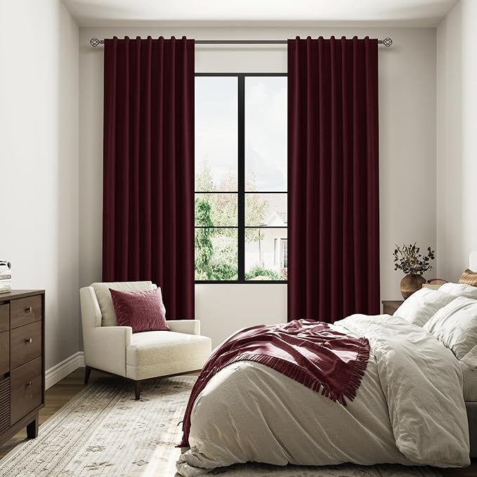 Guken Burgundy 100% Blackout Linen Curtains 84 Inch Length 2 Panels Set for Living Room Bedroom Back Tab Thermal Insulated Black Out Drapes Room Darkening Farmhouse Style for Bedroom Window Curtains