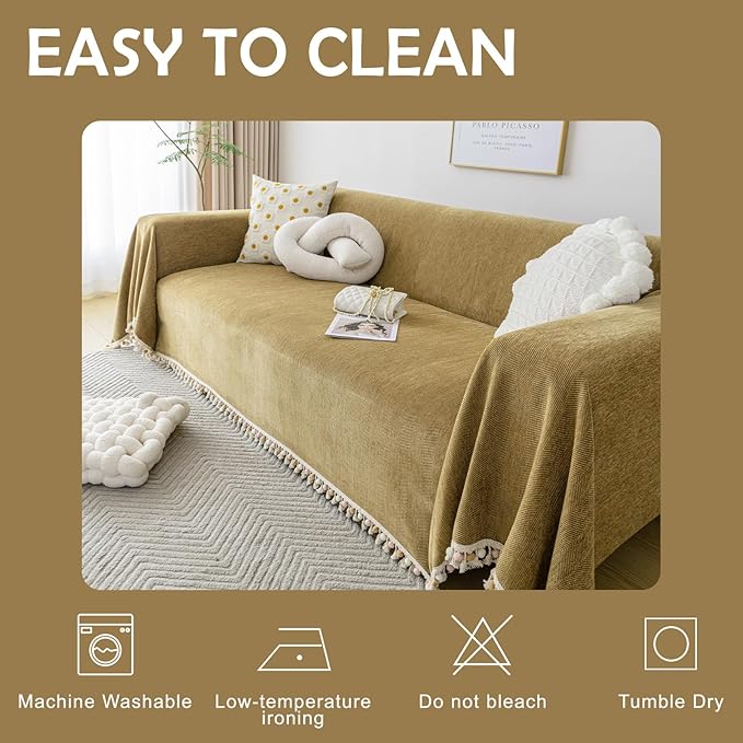 HANDONTIME Couch Covers for Pets Boho Mustard Yellow Love Seat Couch Covers Brown Sofa Cover for Dogs Pet Couch Protector Chenille Tassel Sofa Slipcovers Sofa Throw Cover Boho Decor for Living Room