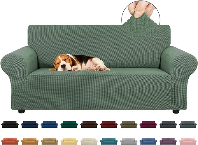 KEKUOU Stretch Loveseat Sofa Cover Slipcover,Couch Covers for 2 Cushion Couch Sofa (55"-78") Furniture Protector Sofa with Elastic Bottom for Kid,Dog. Jacquard Small Checked (Medium,Greyish Green)
