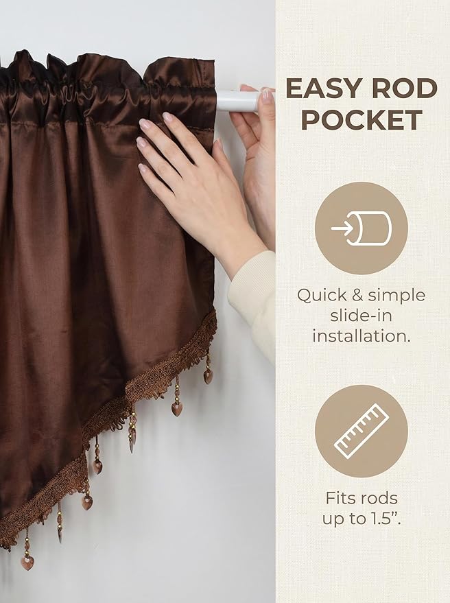 Molaxhome Swag Curtain 51 inch Length Rod Pocket Scalloped Curtain Valance Sheer Lace Panels with Hanging Crystal Beads for Kitchen Bedroom Window Treatments Drape Decor 1pc (Cloth Coffee, 51Wx23L)