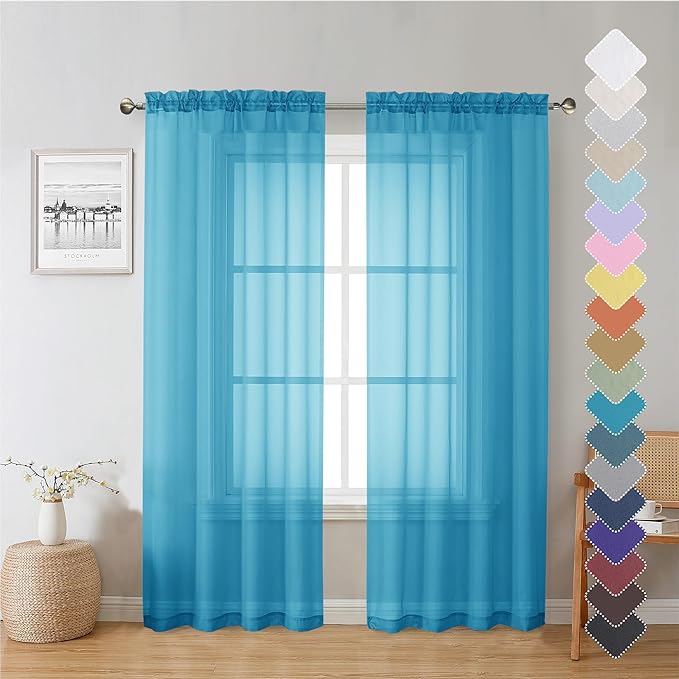 Lecloud Turquoise Sheer Curtains 72 Inches Long 2 Panels, Light Filtering Voile Curtain Drapes for Bedroom Windows Door, Dual Rod Pocket Living Room Sheer Curtains, 40 W x 72 L Inches