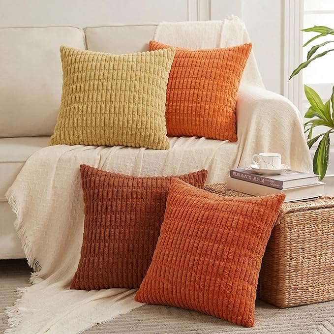 Fancy Homi Set of 4 Fall Decorative Throw Pillow Covers 12x12 Inch for Couch Bed Chair, Burnt Orange Series Farmhouse Boho Room Decor, Soft Fuzzy Corduroy Textured Striped Cushion Case 30cm