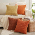 Fancy Homi Set of 4 Burnt Orange Fall Decorative Throw Pillow Covers 14x14 Inch for Couch Bed Chair, Modern Farmhouse Boho Room Decor, Soft Fuzzy Corduroy Textured Striped Cushion Case 35cm