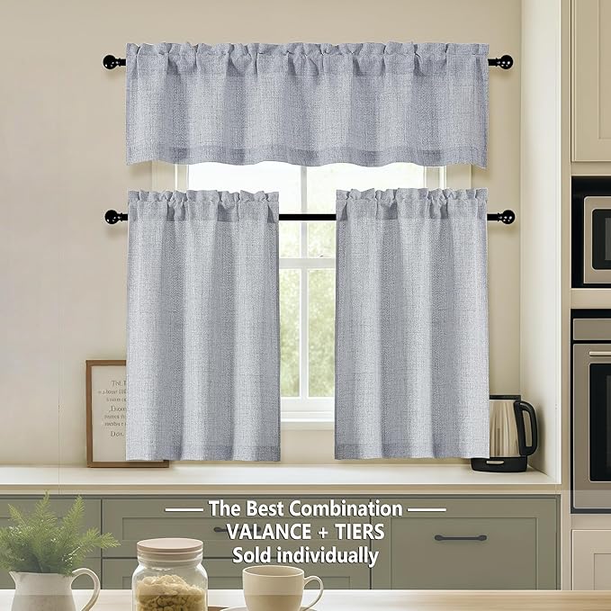 OVZME Grey Valance for Windows, Light Filtering Faux Linen Textured Small Kitchen Valances for Windows, Dual Rod Pocket Farmhouse Short Curtain for Bathroom Basement, 60Wx18L inch, 1 Piece