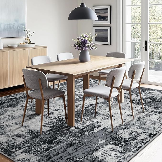 Washable Area Rugs 10'x14' Non-Slip Modern Abstract Soft for Living Room Entryway Bedroom Nursery, Print Pattern, Black Navy Blue Gray