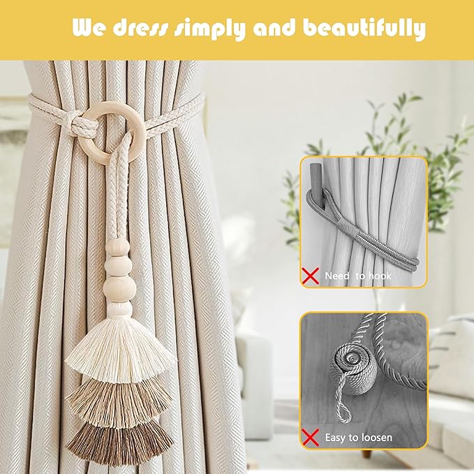 SRG Rope Curtain Tiebacks with Tassel Boho 2 PCS Handmade Wooden Ring Curtain Tie Backs Accessories Wall Decoration Drapery Curtain Holdbacks for Bedroom Window