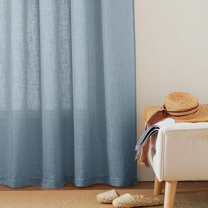 RYB HOME Blue Linen Sheer Curtains for Living Room Kids Room, Semi Transparent Elegant Flax Linen Texture Breathable Durability Decor 72 inch Length, W 52 x L 72 inches, Dusty Blue, 2 Panels
