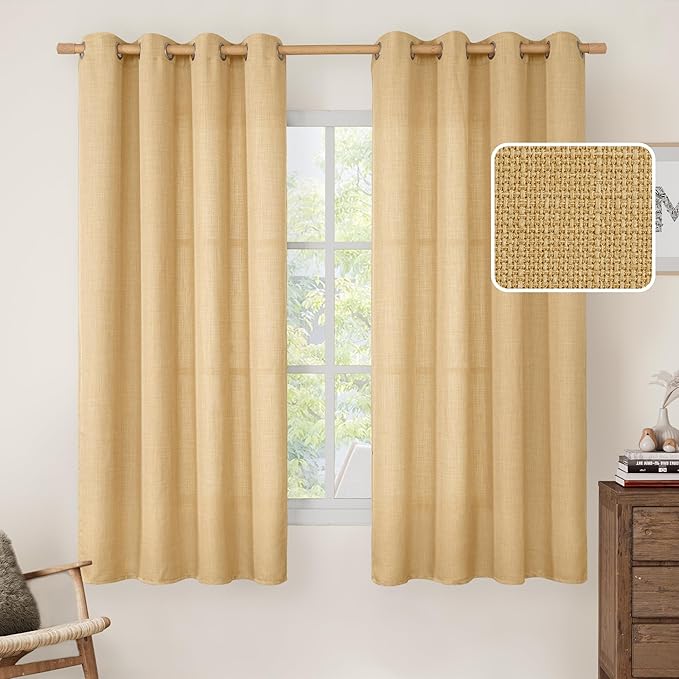 LAMIT Faux Linen Curtains for Bedroom, Grommet Thick Linen Drapes Light Filtering Privacy Sheer Window Burlap Curtains for Living Room, Set of 2 Panels (52 x 63 Inch, Caramel Brown)