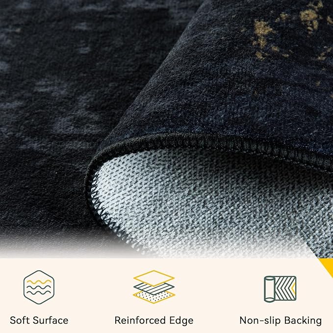 Washable Area Rugs 5'x7' Non-Slip Modern Abstract Soft for Living Room Entryway Bedroom Nursery, Print Pattern, Dark Black Gold