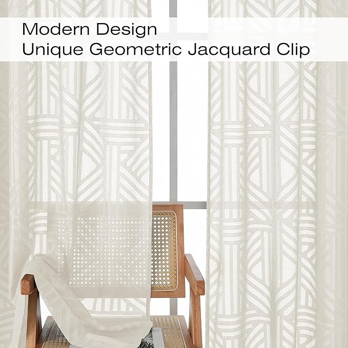 Simplebrand Semi Sheer Ivory Curtains 90 Inches Long 2 Panels, Light Filtering Geometric Jacquard Clip Textured Sheer Curtains for Living Roon，Modern Elegant Window Curtains Drapes，52x90 inch