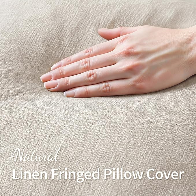 MIULEE Decorative Throw Pillow Covers Neutral Linen Fringe Throw Pillows Set of 2 Natural Beige Boho Farmhouse Cushion Covers with Tassels for Couch Sofa Bed Living Room Spring Decor 16x16 Inch