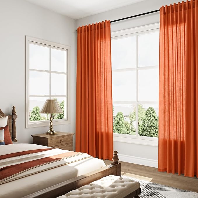 Bright Orange Curtains 63 Inches Long 2 Panel Sets for Living Room Bedroom, Light Filtering Linen Drapes for Kitchen Windows Rod Pocket or Back Tab Curtain,Semi Sheer 52x63