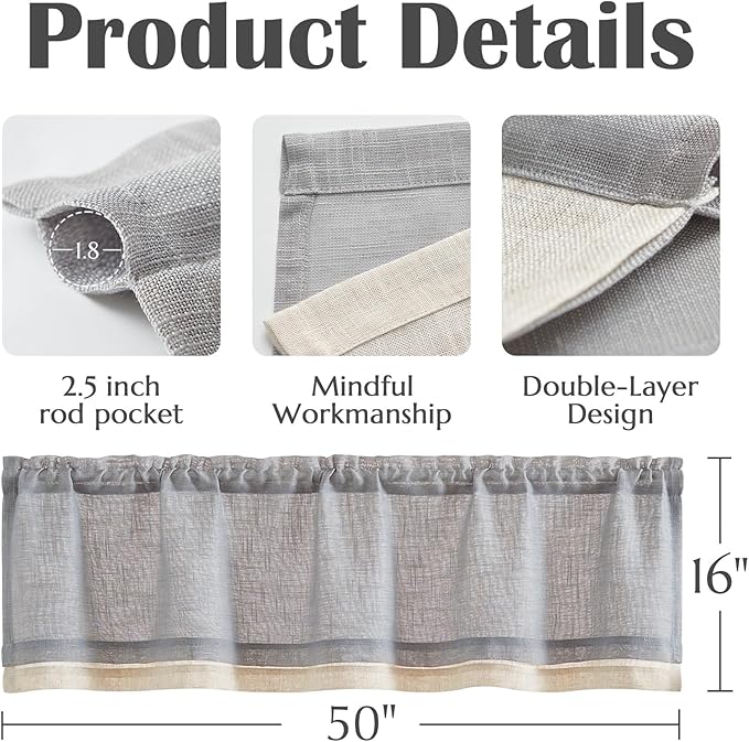 jinchan Linen Farmhouse Valances for Living Room Windows 16 Gray Inch Slubbed Crossed Double Layer Window Valances Light Filtering Rustic Country Overlay Rod Pocket 2 Panels Grey