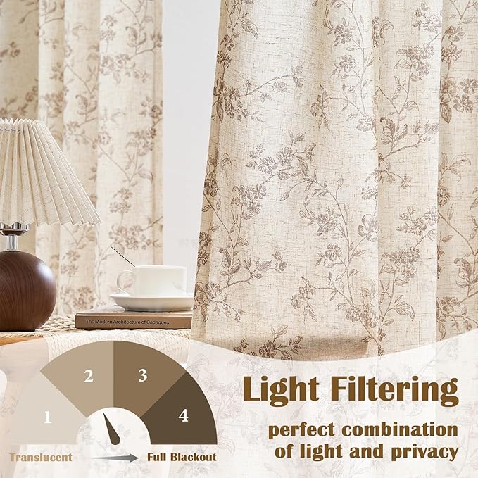 Lazzzy Taupe Floral Linen Curtains 84 Inch Farmhouse Back Tab Drapes for Living Room Bedroom Light Filtering Vintage Grandmillennial Rod Pocket Curtains, 2 Panels, W38 x L84, Taupe on Beige
