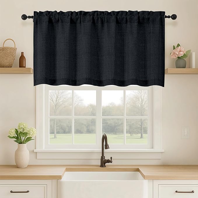 OVZME Black Valance for Windows, Light Filtering Faux Linen Textured Small Cafe Valances for Windows, Dual Rod Pocket Farmhouse Short Curtain for Bathroom Basement, 60Wx24L inch, 1 Piece