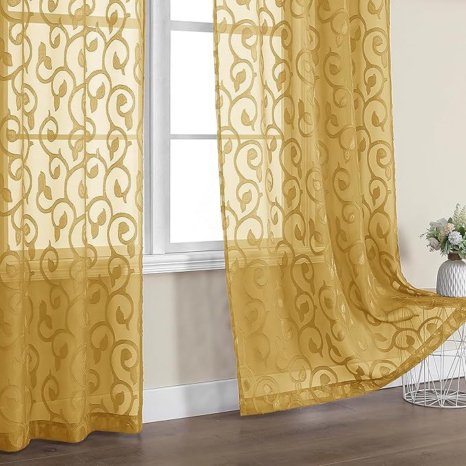 OWENIE Furman Gold Sheer Curtains 45 Inch Length 2 Panels Set for Living Room Bedroom Bathroom Window, Airy Jacquard Clip Short Curtains for Small Window, 40Wx45L inch