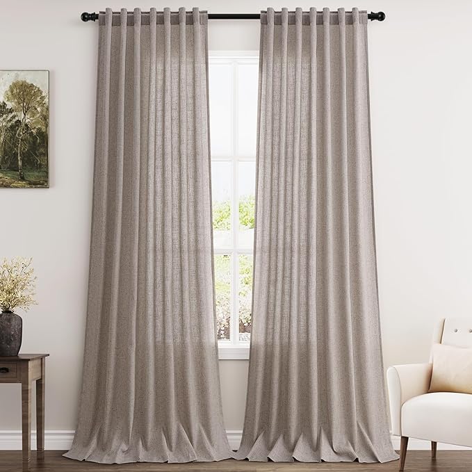 Brownish Grey Linen Curtains 96 Inches Long for Living Room Back Tab Vintage Rustic Farmhouse Light Filtering Curtain Burlap Textured Linen Drapes 96 Inch Length for Dinning Room Bedroom 52x96 8 FT