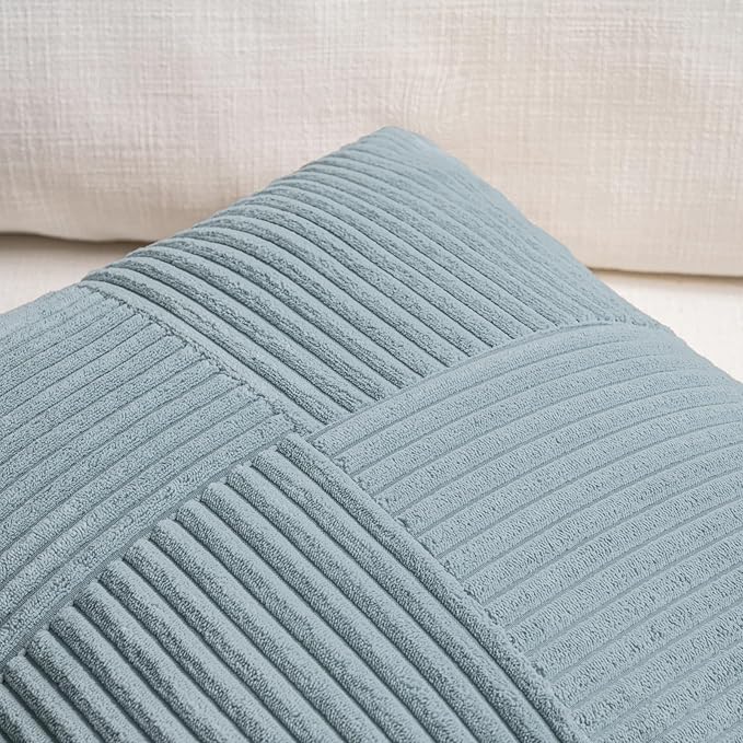 Fancy Homi Set of 2 Light Blue Decorative Throw Pillow Covers 18x18 Inch with for Couch Bed Sofa Living Room, Soft Cross Patchwork Striped Corduroy Coastal Blue Square Cushion Case 45x45 cm