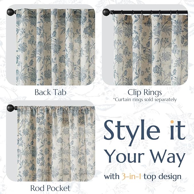 jinchan Linen Floral Curtains for Living Room with Printed Flower 90 Inches Long Light Filtering French Country Back Tab Rod Pocket Blue Window Curtain Set Farmhouse Drapes 2 Panels Blue