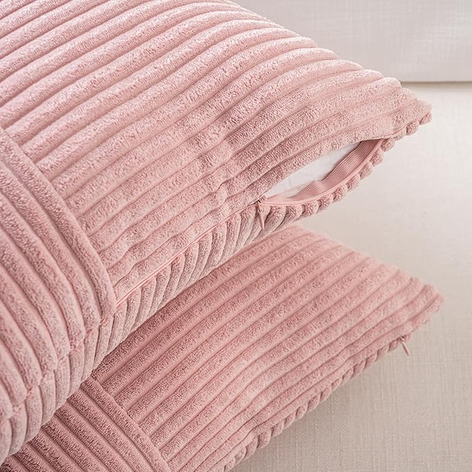 Fancy Homi 2 Packs Blush Pink Long Lumbar Decorative Throw Pillow Covers 16x24 Inch for Couch Bed Sofa, Rustic Farmhouse Boho Home Decor, Soft Striped Corduroy Rectangle Accent Cushion Case 40x60 cm